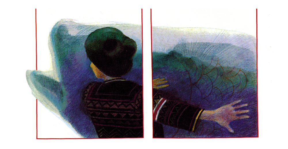 Illustration of the back of a man, with arms outstretched to his right. Behind him is the subtle illustration of a fish.